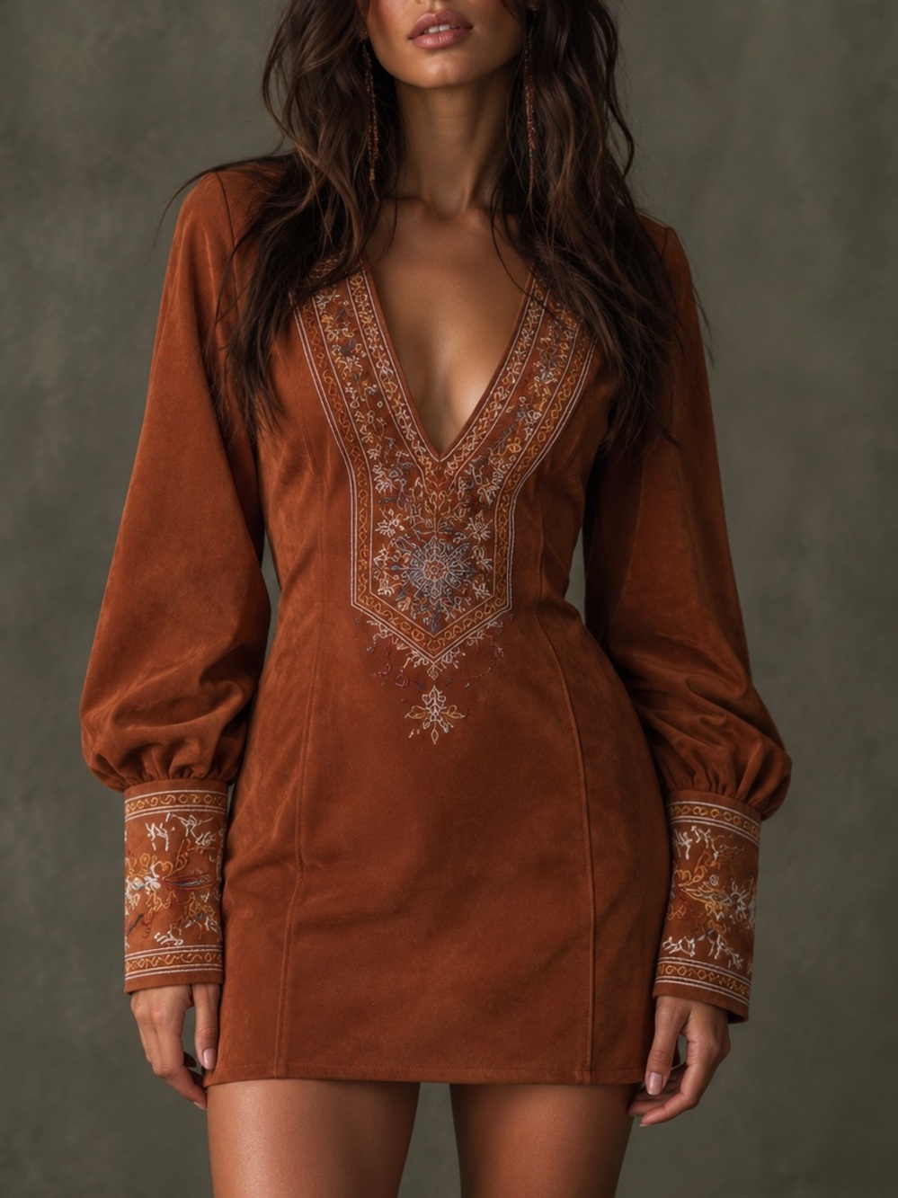 Bohemian V-Neck Mini Dress in Rust with Embroidered Details